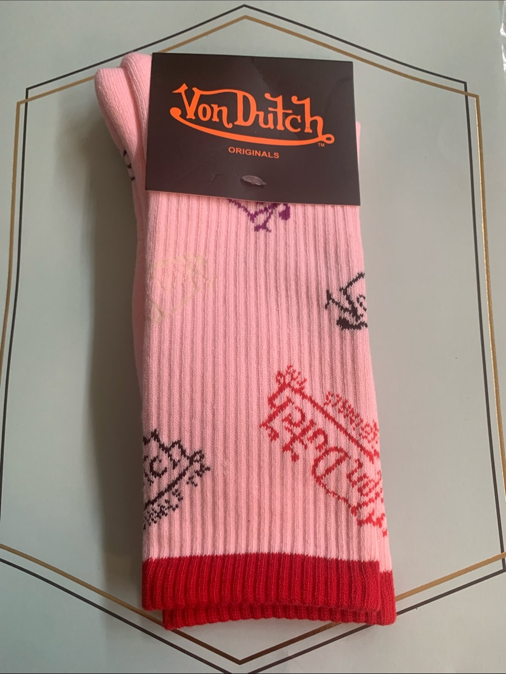 Von Dutch Pink Crew Socks with Red Trim and Multicolor Logos